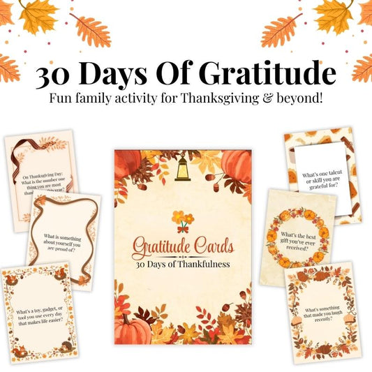 30 Days of Gratitude Cards | Printable Thanksgiving & Holiday Family Activity | Daily Reflection Prompts